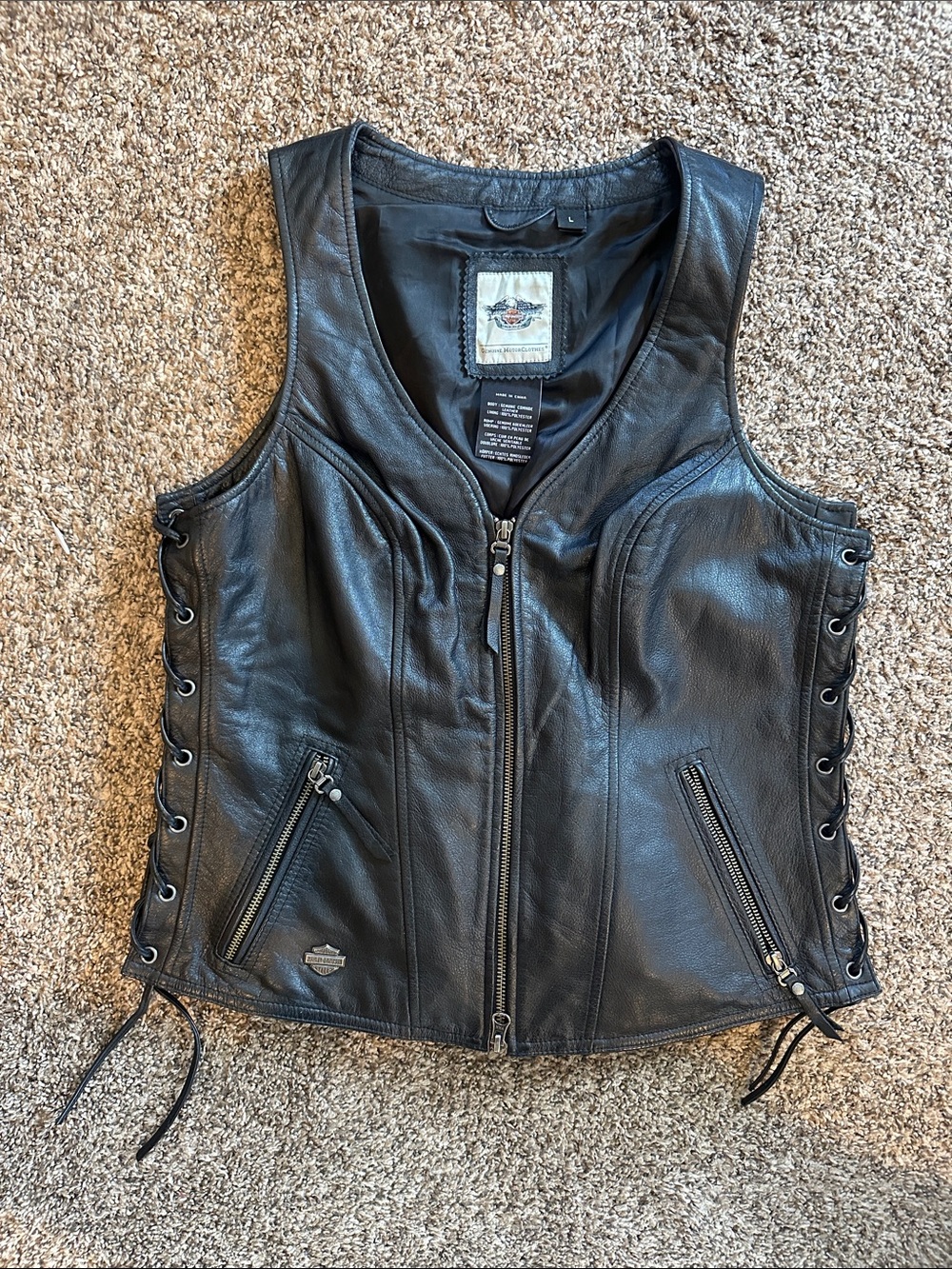 Size Large Harley-Davidson Black Leather Women's Lace-Up Zip Vest